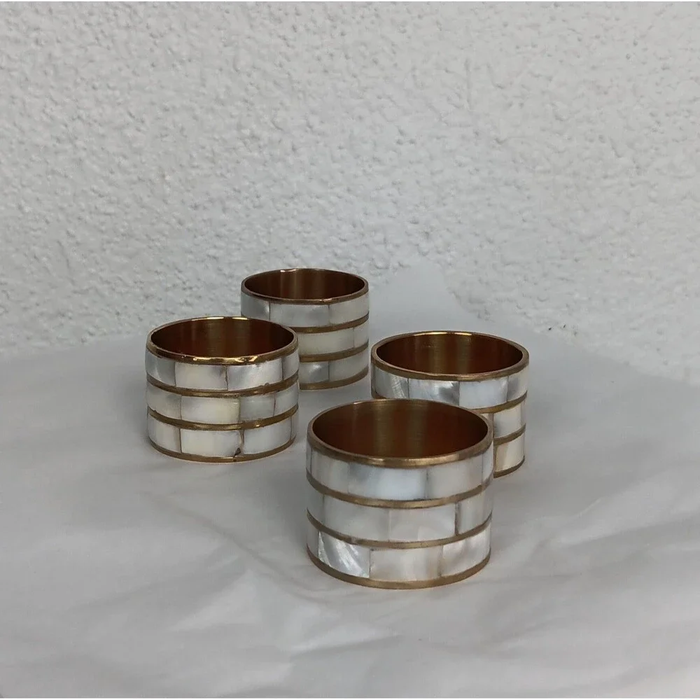 4 Mother of Pearl Napkin Ring Holders Brass Boho Seaside Table Setting